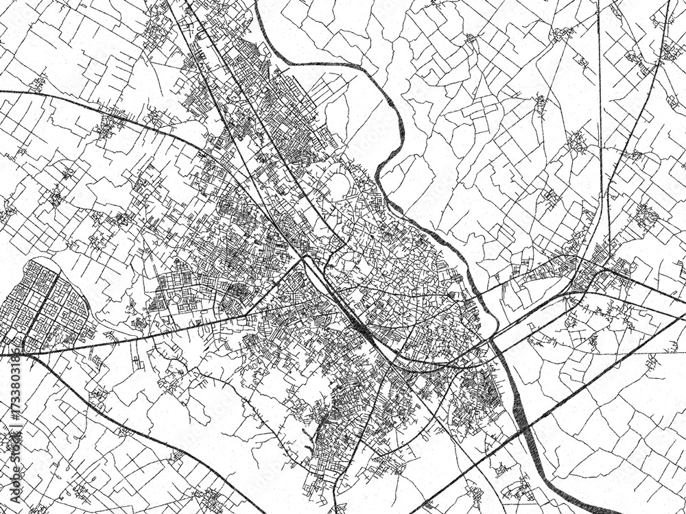 Fototapeta premium Detailed artistic sketch map of Moradabad, India, in monochrome black and white.