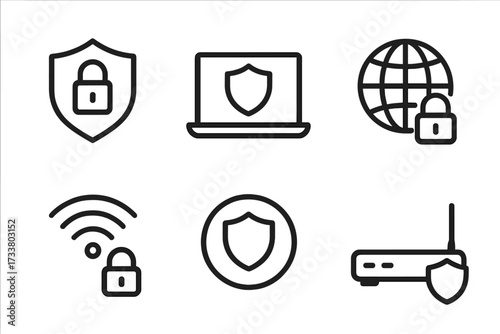 VPN icon set for cyber security and data protection. Vector line art of internet privacy, secure connection, wifi, router, and network safety using shield and lock symbols.