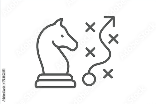 Strategic planning concept. Chess knight and roadmap icon. Business strategy, game plan, tactic. Goal, direction, success. Path to victory. Solution, mission, challenge metaphor.