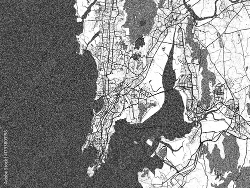Stylized decorative city map of Mumbai, India, hand-drawn in black and white.