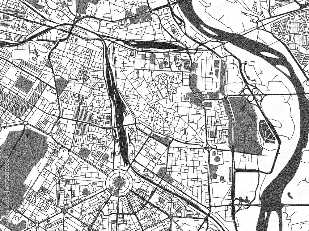 Naklejka premium Black and white cartographic illustration of New Delhi city Center, India, in hand-drawn sketch form.