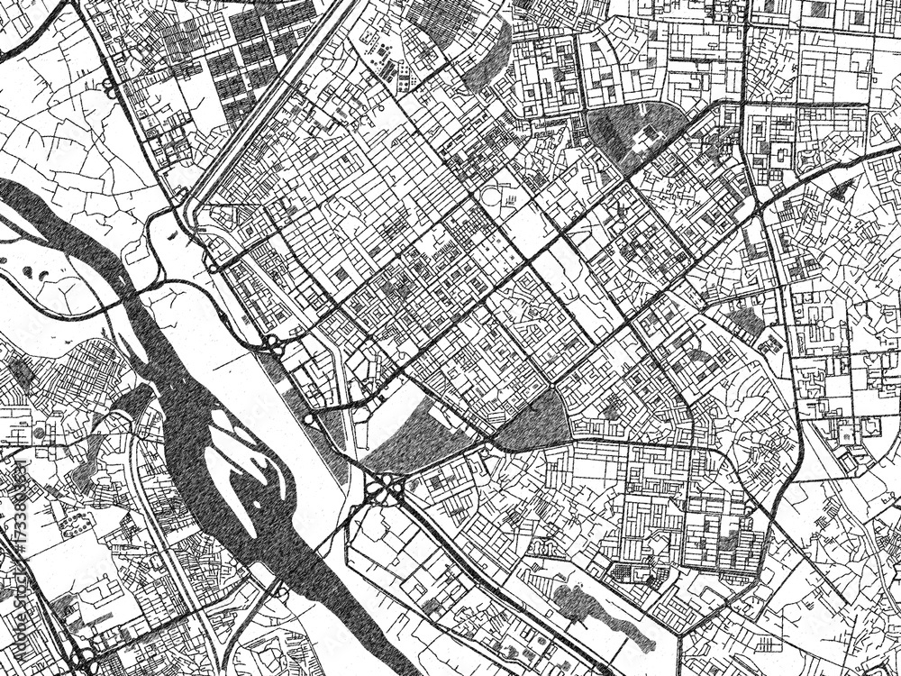 Naklejka premium Hand-drawn style black and white city map of Noida, India, with detailed streets and textures.