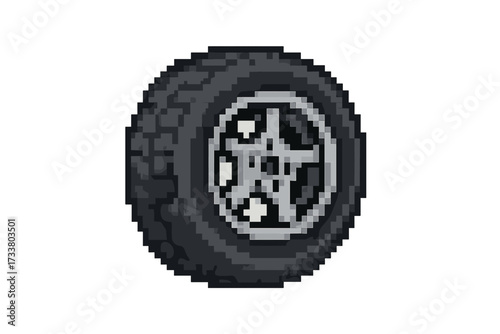 Pixel art wheel icon. 8-bit car tire vector for retro video game asset. Automobile transport graphic. Vintage race symbol. Isolated rubber auto part with rim on white background.