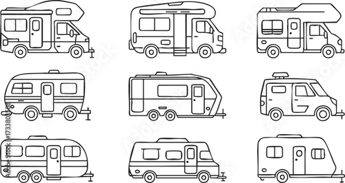 Motorhome Vector Icons Set with Caravans and Campers for Vacation Design