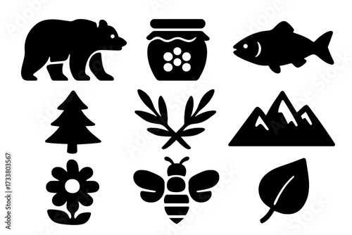 Wildlife icons set with bear, honey jar, fish, and nature elements. Bold silhouette vector cartoon illustration. Forest animal collection and outdoor symbols for design.