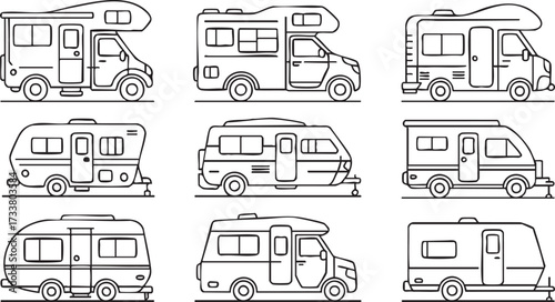 Travel and Camping Icons Collection of Camper Vans and RV Trailers Vector