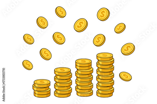 Golden coins stacking in ascending order. Money growth concept. Financial success and business profit. Falling dollar coins. Cash savings, investment, and wealth increase vector.