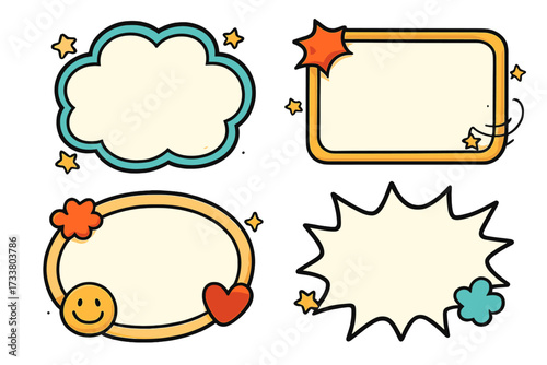 Set of cute cartoon text frames and speech bubbles. Vector comic doodle style dialogue boxes. Pop art retro 90s aesthetic with stars, heart, and smiley for notes and quotes.
