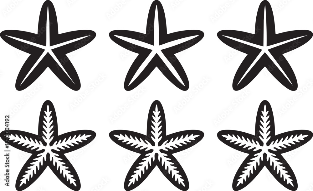 Obraz premium Decorative Starfish Silhouette Vector Icons Set for Seaside and Tropical Use