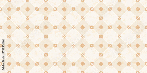 Ceramic tile seamless pattern for floor and wall. Beige mosaic with marble texture for kitchen backsplash, bathroom and toilet floor. Abstract background with brown diamond tiles, vector illustration