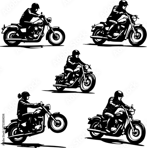 Black and White Motorcycle Rider Silhouettes Vector Bundle