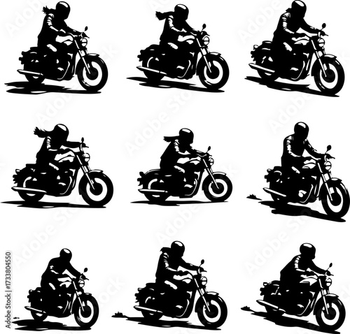 Black and White Motorcycle Rider Silhouettes Vector Bundle
