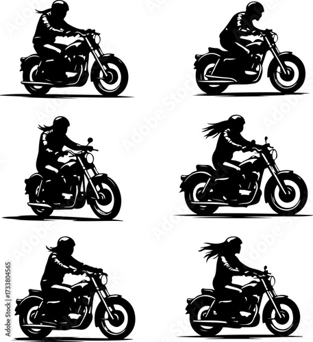 Black and White Motorcycle Rider Silhouettes Vector Bundle