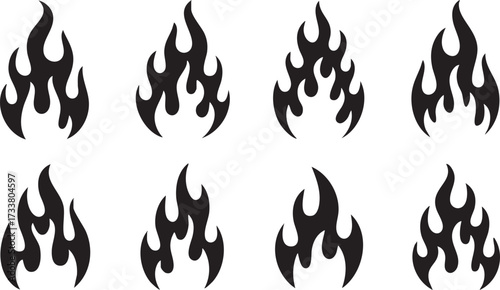Burning Flame Vector Set of Black Silhouette Icons for Hazard and Warning