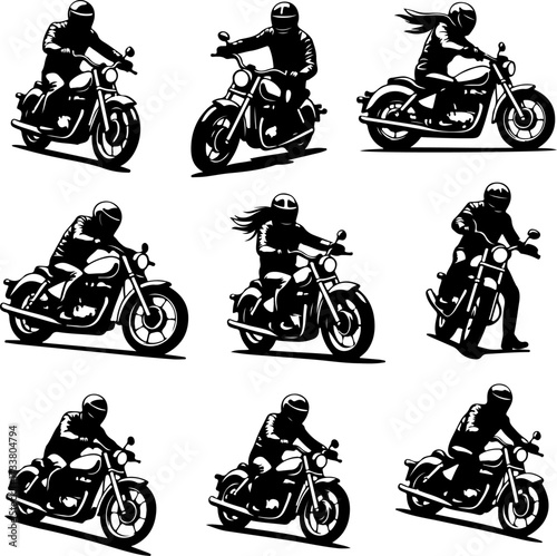 Black and White Motorcycle Rider Silhouettes Vector Bundle