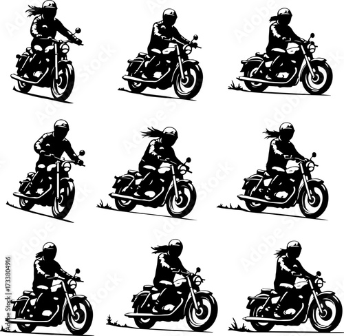 Black and White Motorcycle Rider Silhouettes Vector Bundle