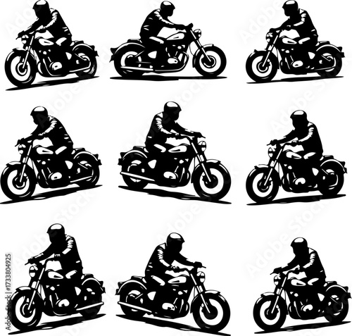 Black and White Motorcycle Rider Silhouettes Vector Bundle