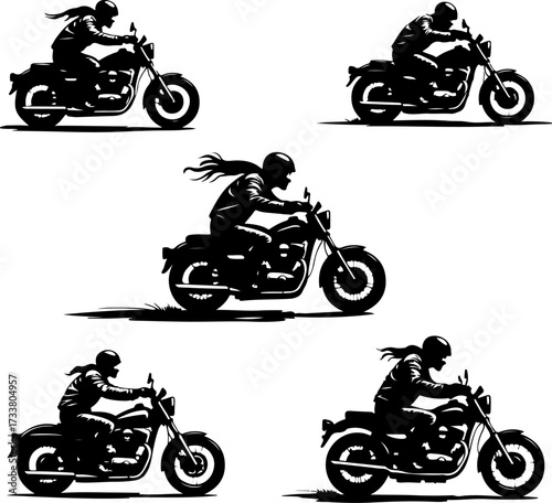 Black and White Motorcycle Rider Silhouettes Vector Bundle