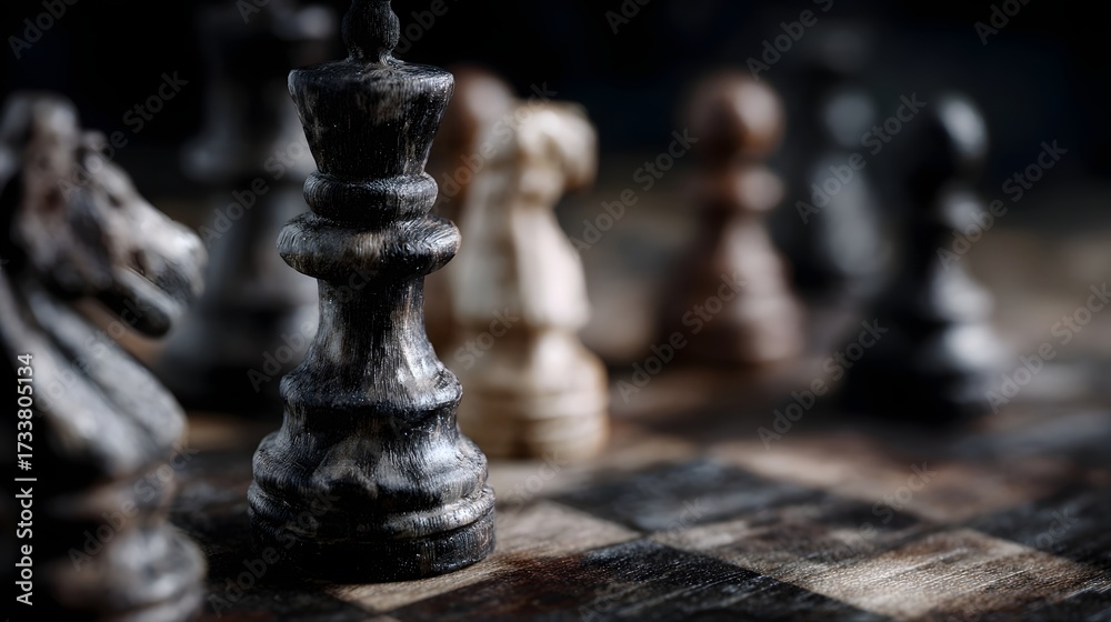 Fototapeta premium Close up of a dramatic chess game setup with weathered black and white pieces on a textured board symbolizing strategy and competition