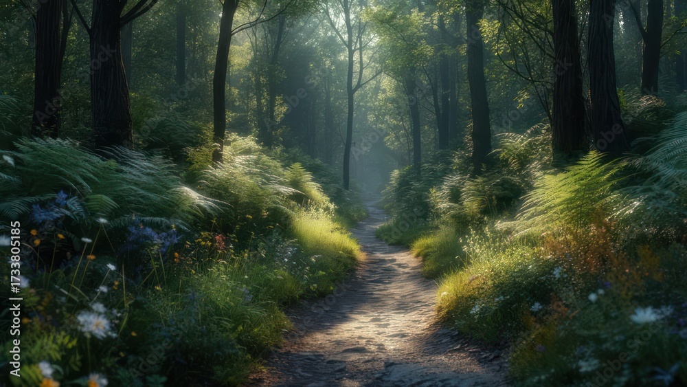 Obraz premium Sunlit path winds through a lush, verdant forest, dappled light illuminating wildflowers
