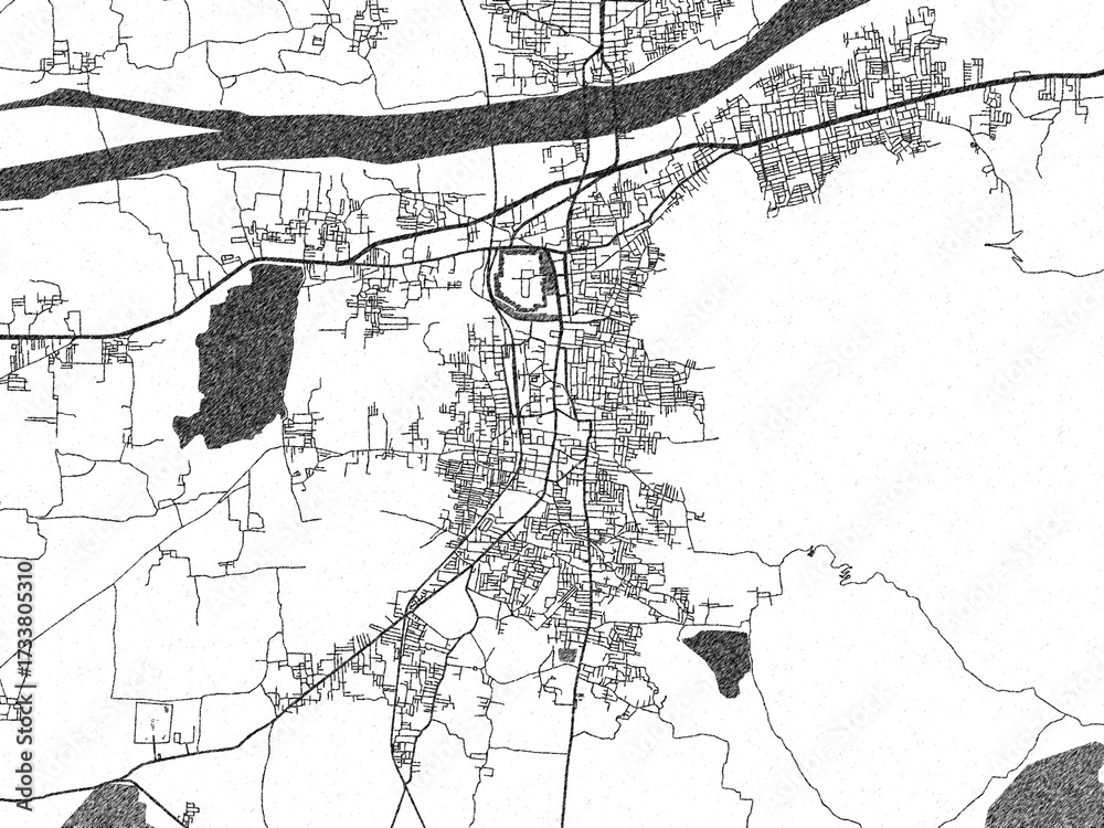 Naklejka premium Stylized decorative city map of Vellore, India, hand-drawn in black and white.