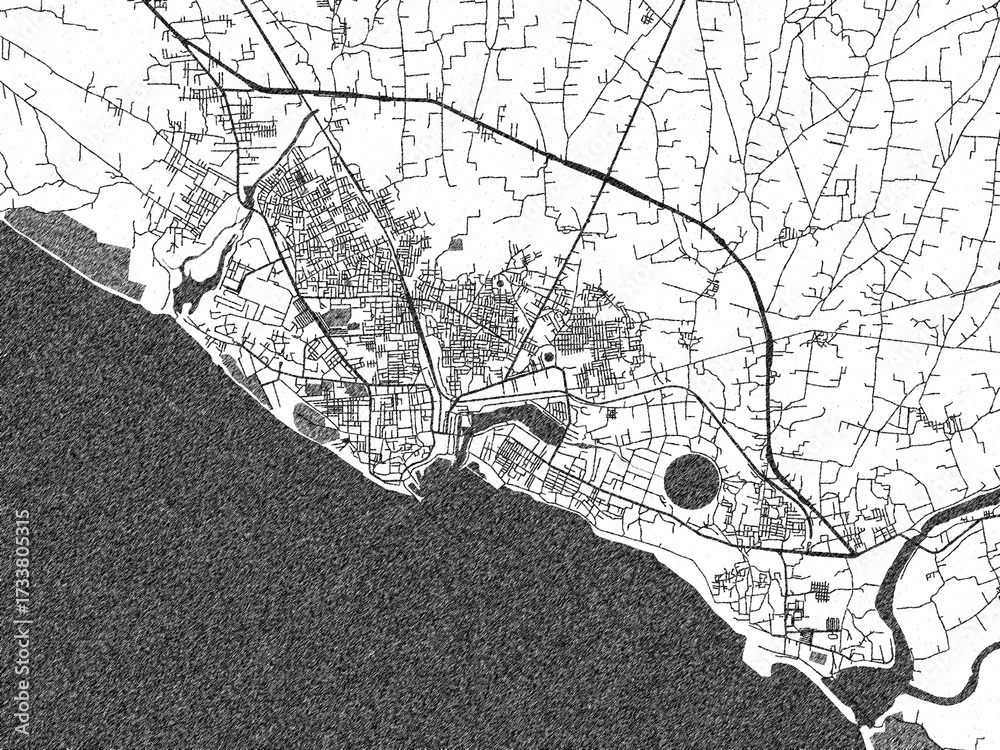 Naklejka premium Illustrated map of Veraval, India, in black and white hand-drawn digital style.