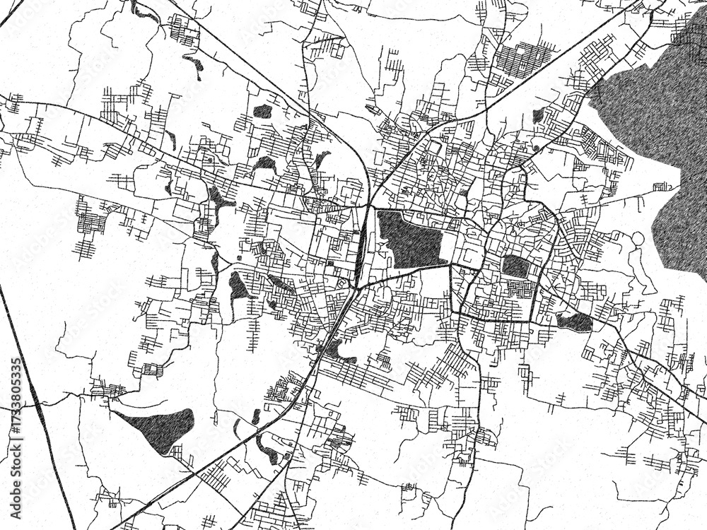 Naklejka premium Detailed artistic sketch map of Vizianagaram, India, in monochrome black and white.