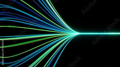Glowing neon green gradient light lines expanding from single line. Abstract motion design and tech concept