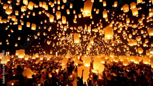 The lanterns fly up into the sky at night, creating a beautiful and mesmerizing atmosphere that draws everyone's attention to the night sky.