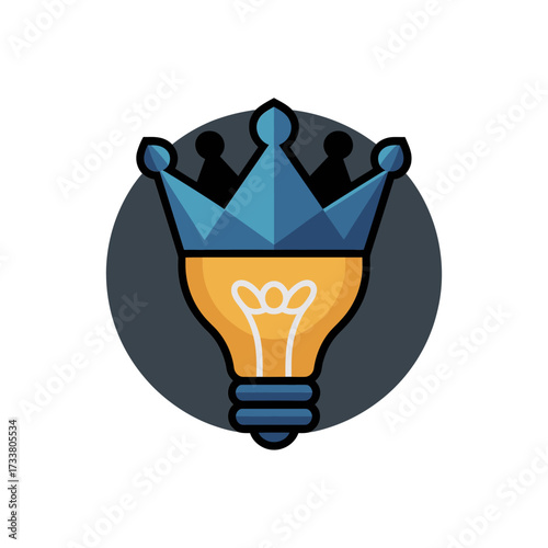 crowned lightbulb emblem, blue and graphite tones, bright innovation symbol, startup leadership mark, sophisticated vector illustration