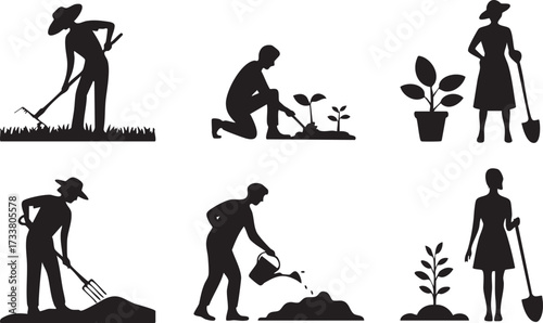 Vector Set of People Gardening, Planting, and Cultivating Plants Silhouettes