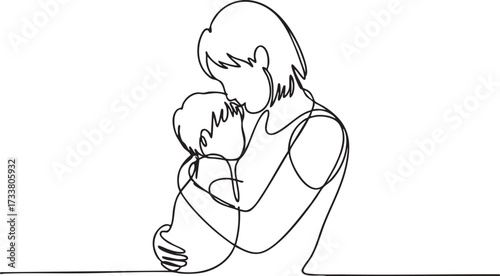 Minimal Continuous Line Art of Mom and Child Embracing for Family Concept