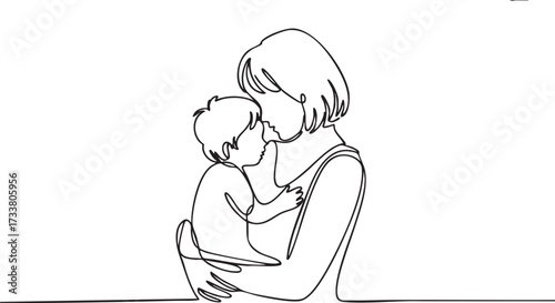 Parenting and Care Illustration with Mother Hugging Child in Line Art Style