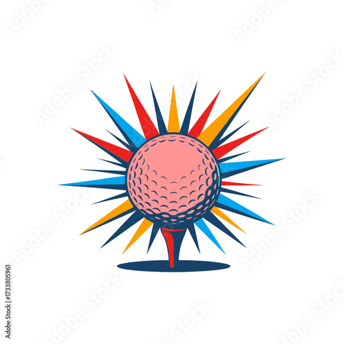 golf ball starburst, explosive energy flare, modern sports icon, competitive game poster, bright dynamic vector artwork