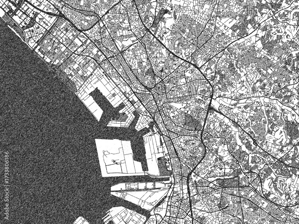 Naklejka premium Minimal poster-style map of Chiba, Japan, hand-drawn style in monochrome.