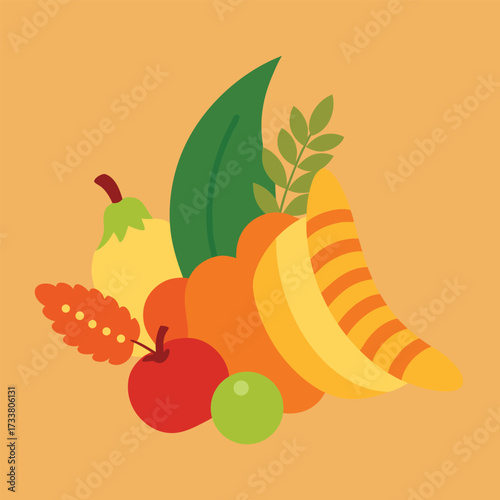 Cornucopia overflowing with autumn harvest fruits and vegetables on an orange background
