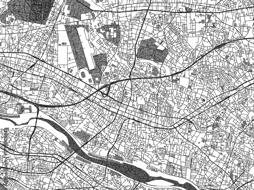 Naklejka premium Poster-ready black and white illustration map of Chofu, Japan, detailed and artistic.
