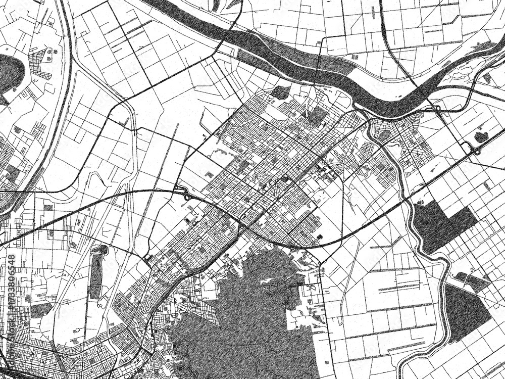 Obraz premium Black and white illustrated map of Ebetsu, Japan, with streets, rivers, and neighborhoods.