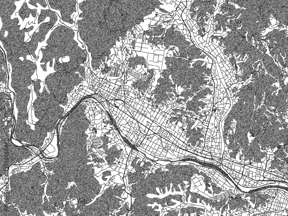 Obraz premium Hand-drawn style black and white city map of Fuchucho, Japan, with detailed streets and textures.
