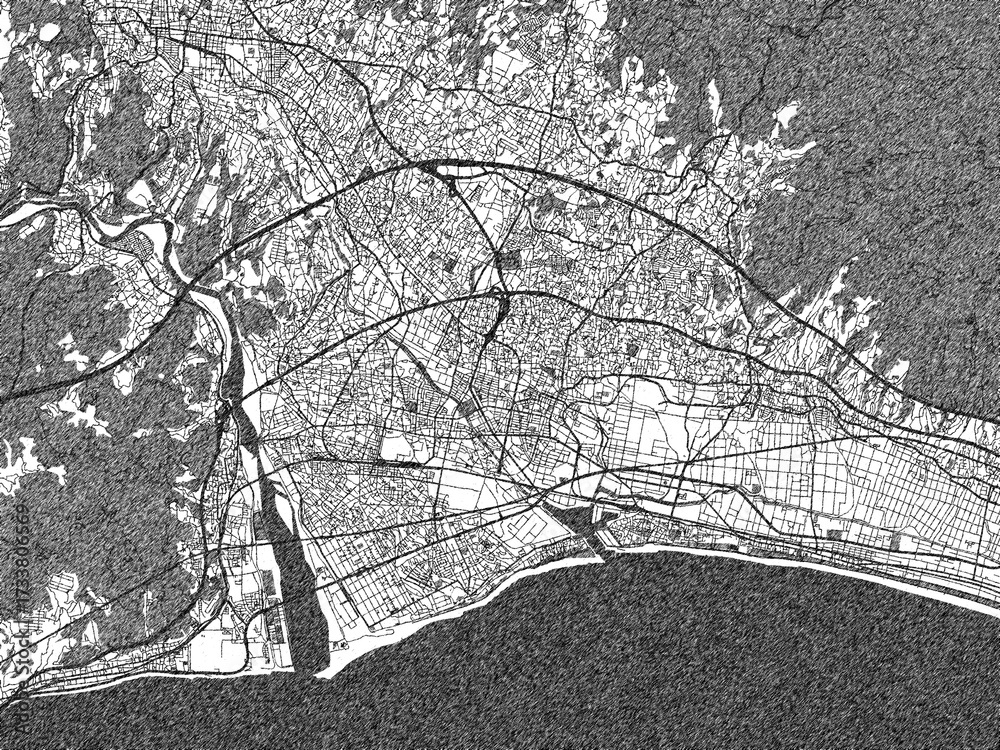 Fototapeta premium Decorative black and white map of Fuji, Japan, rendered in sketch-like style.