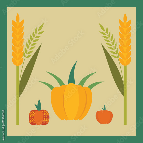Autumn harvest with pumpkin, wheat, and small gourds on a light background