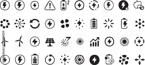 Outline Icons of Energy Resources Featuring Batteries, Solar and Wind Power