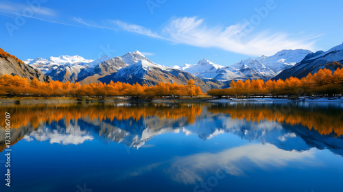 Mountain lake with autumn trees and snow peaks