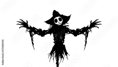 eerie scarecrow silhouette with skeletal face and outstretched arms against a stark white background