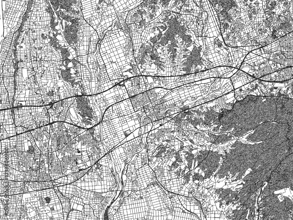 Naklejka premium Black and white illustrated map of Fukuroi, Japan, with streets, rivers, and neighborhoods.