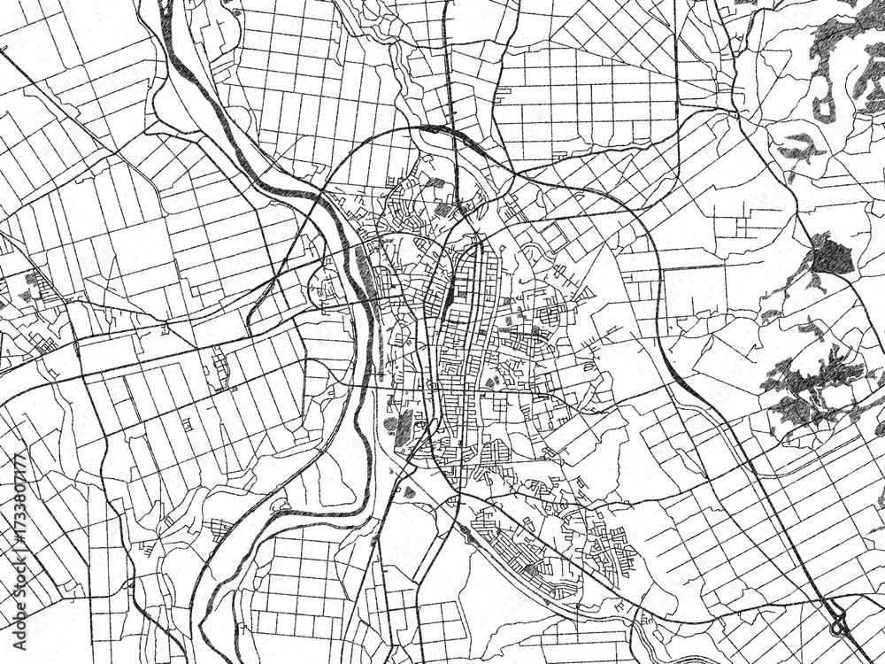 Naklejka premium Hand-drawn style black and white city map of Goshogawara, Japan, with detailed streets and textures.