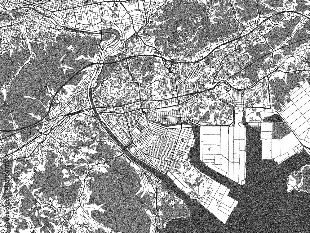 Fototapeta premium Decorative monochrome illustration of Fukuyama, Japan, showing its detailed grid.