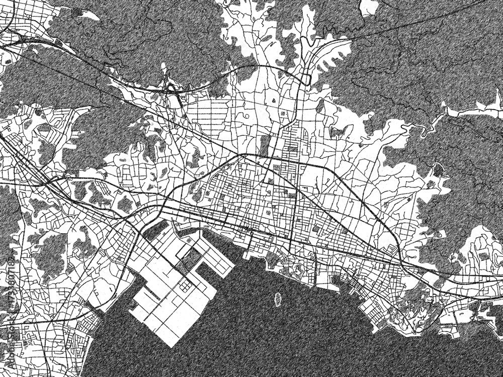 Naklejka premium Black and white illustrated map of Gamagori, Japan, with streets, rivers, and neighborhoods.