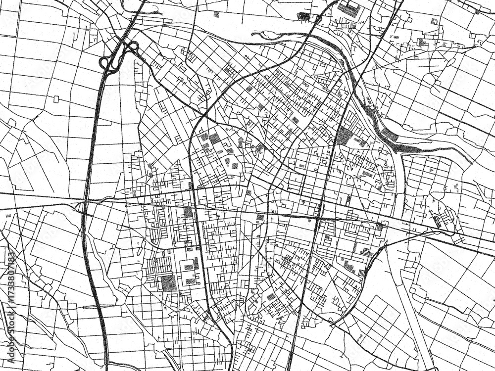Naklejka premium Decorative monochrome illustration of Furukawa, Japan, showing its detailed grid.