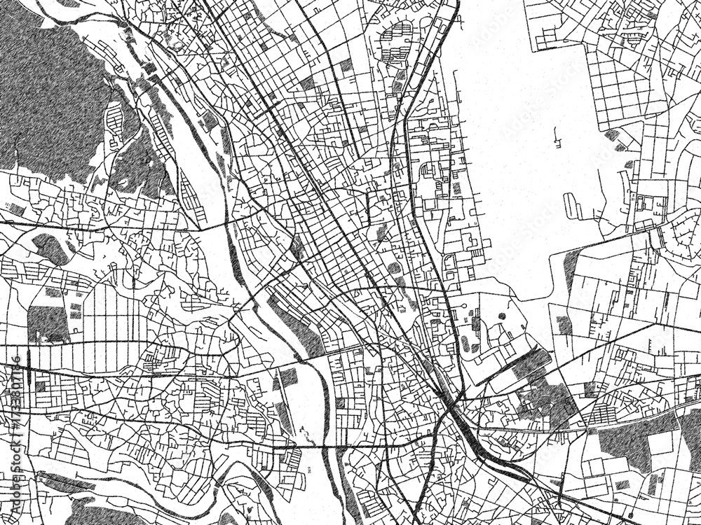 Naklejka premium Urban black and white map of Fussa, Japan, designed in a sketch style for prints.